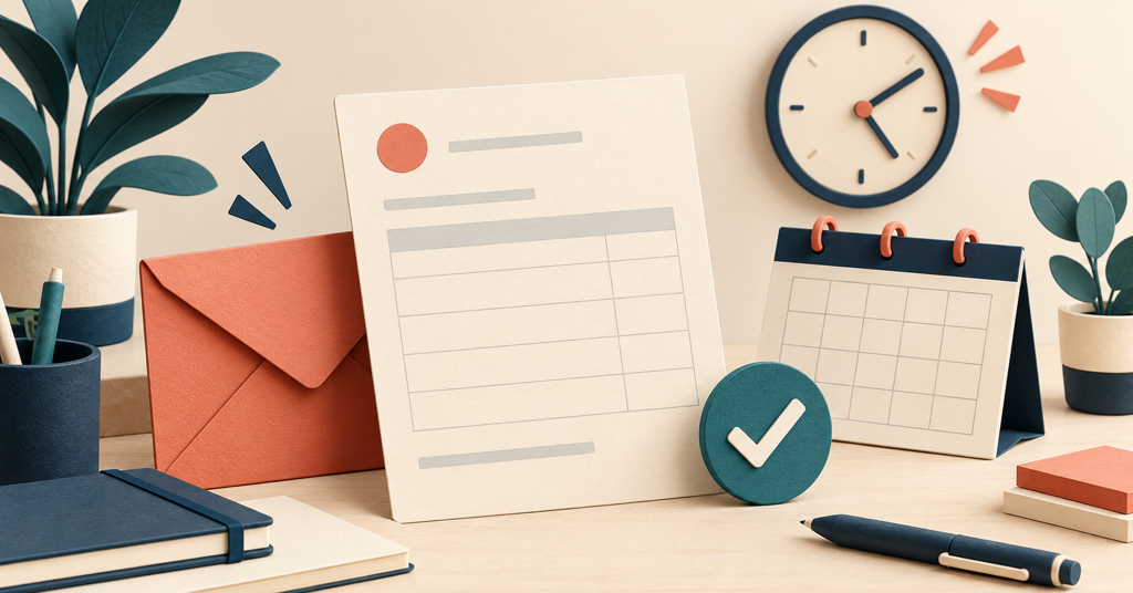 An invoice, envelope, calendar and clock illustrate a payment reminder workflow.