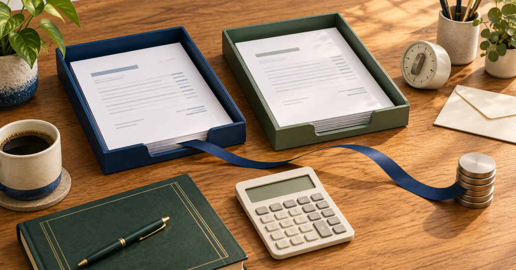Invoice trays, a calculator and a ledger illustrate a freelancer's billing workflow.