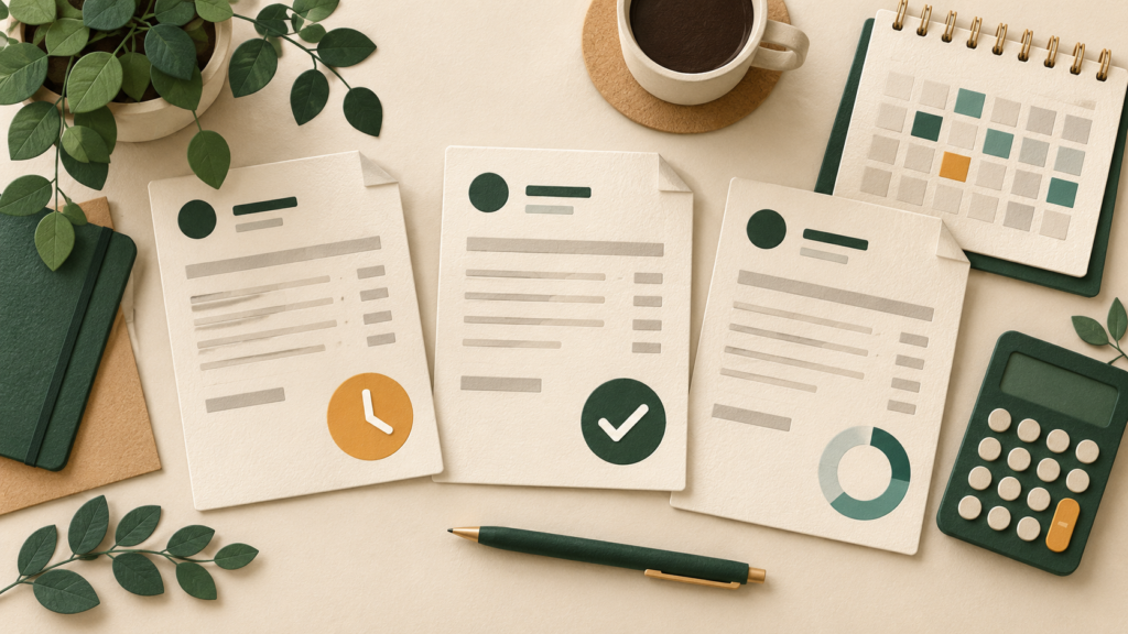 Invoice sheets with pending, paid and partial-payment symbols beside a calendar and calculator.