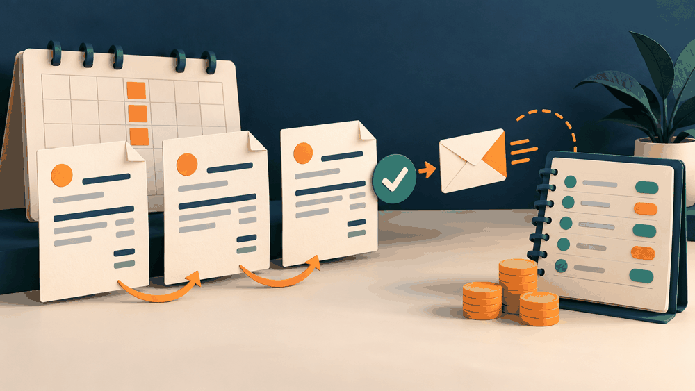 Concept illustration of recurring invoices, a review check, outgoing mail and a separate payment ledger.