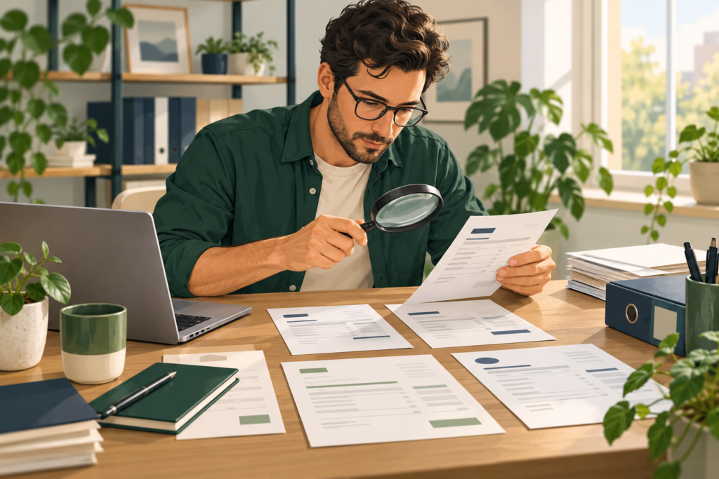 AI illustration of a freelancer matching an unlabelled payment receipt to invoice records