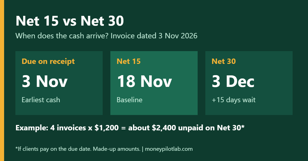 Comparison of due dates for due on receipt, Net 15 and Net 30 payment terms on an invoice dated 3 November 2026
